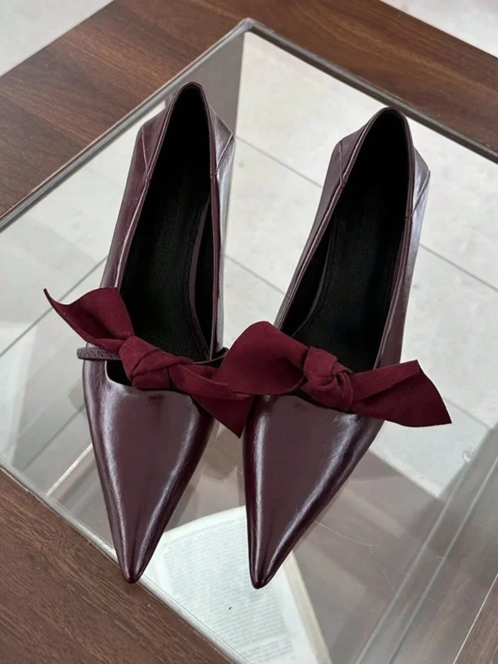 Burgundy Preppy Women's Elegant Bowknot Criss Cross Plain Slip On Pumps